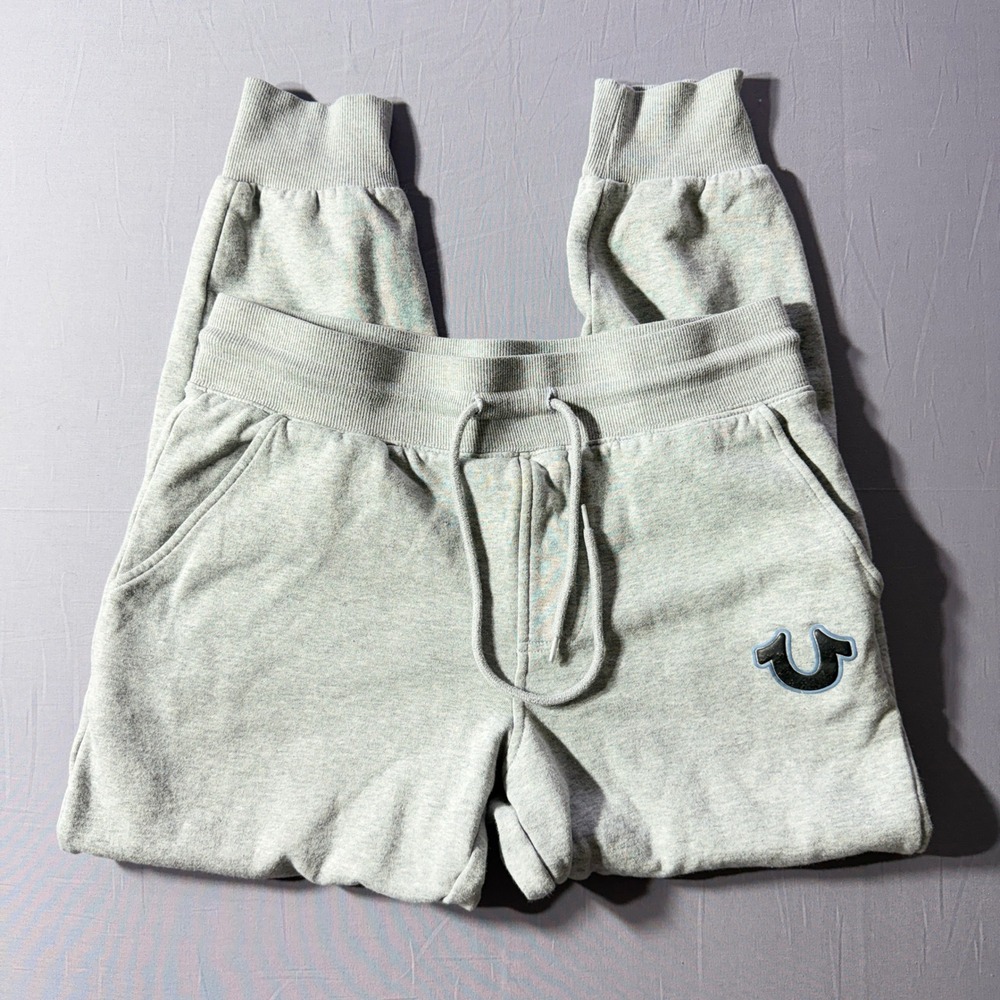 True‎ Religion Mens Heather Gray Jogger Sweatpants Horseshoe Logo Small Stain